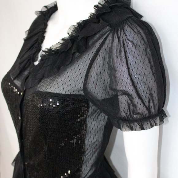 Forever 21 Women's See-thru Blouse Lace Ruffles Sequin Button Up Black Medium - Picture 3 of 9